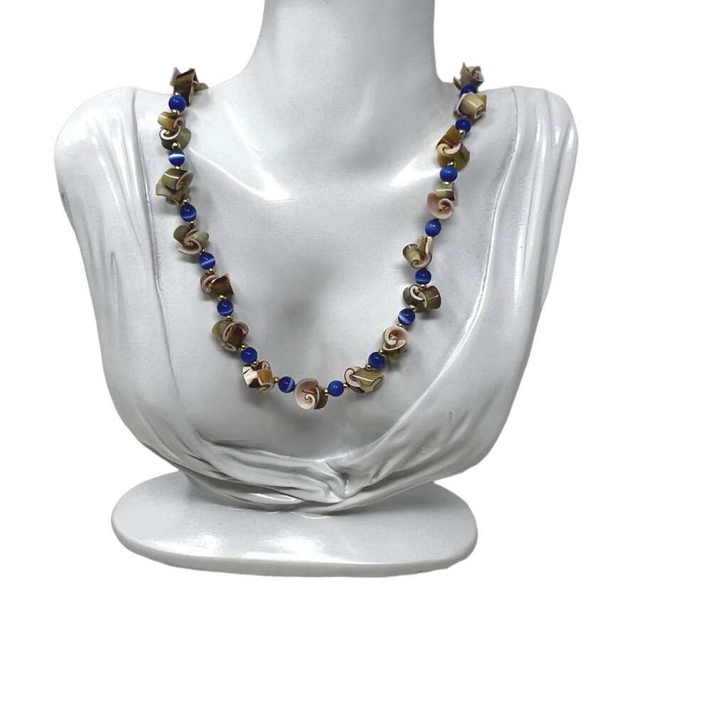 Handmade Shell Necklace‎ Blue White Striped Gold Tone Beads